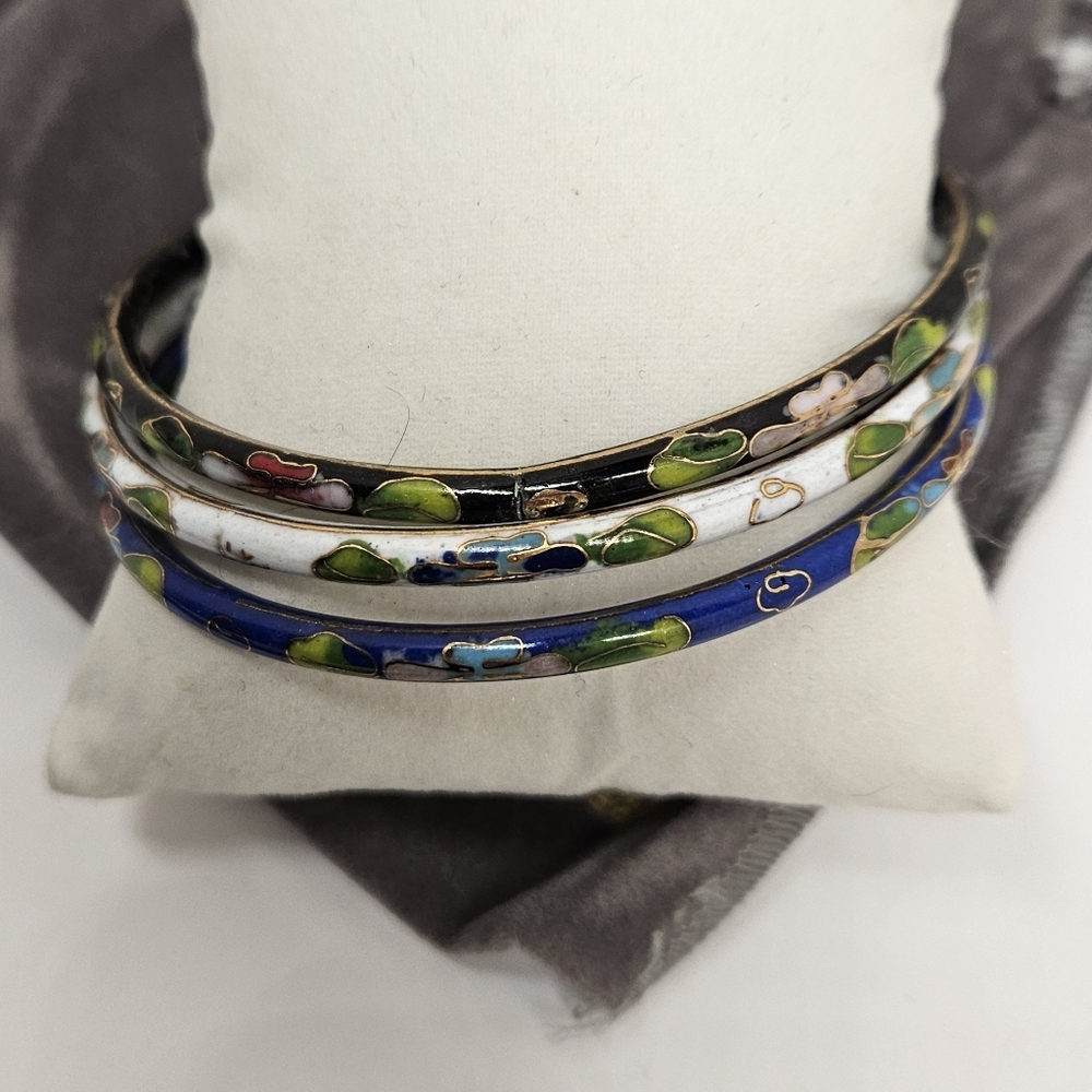 Imperial Cloisonne Bangle Set Of 3 Genuine With Dust Bag Flowers